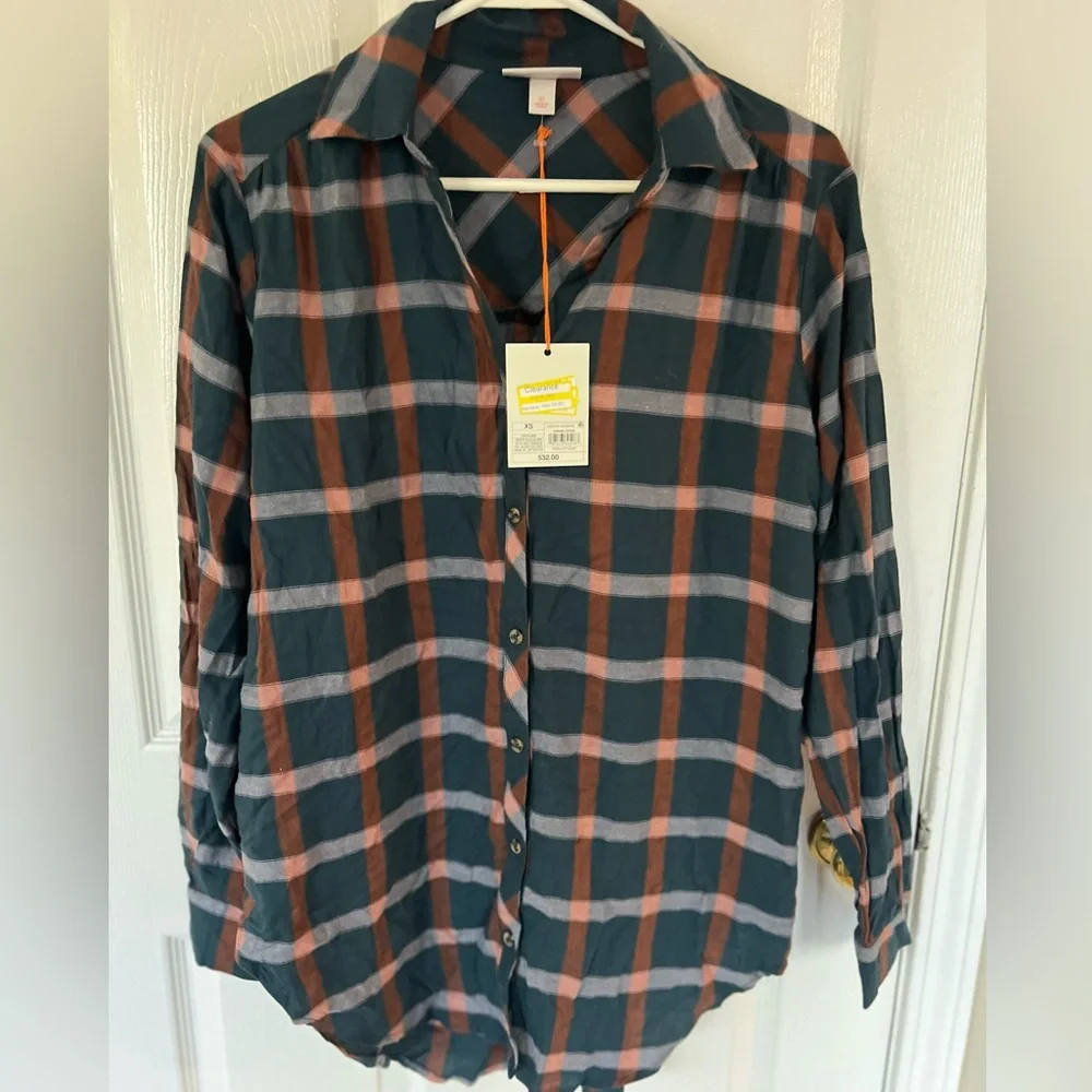 🔵 1) Long Sleeve Button-Down Tunic Shirt Knox Rose oversized  Plaid XS NWT - Picture 2 of 6